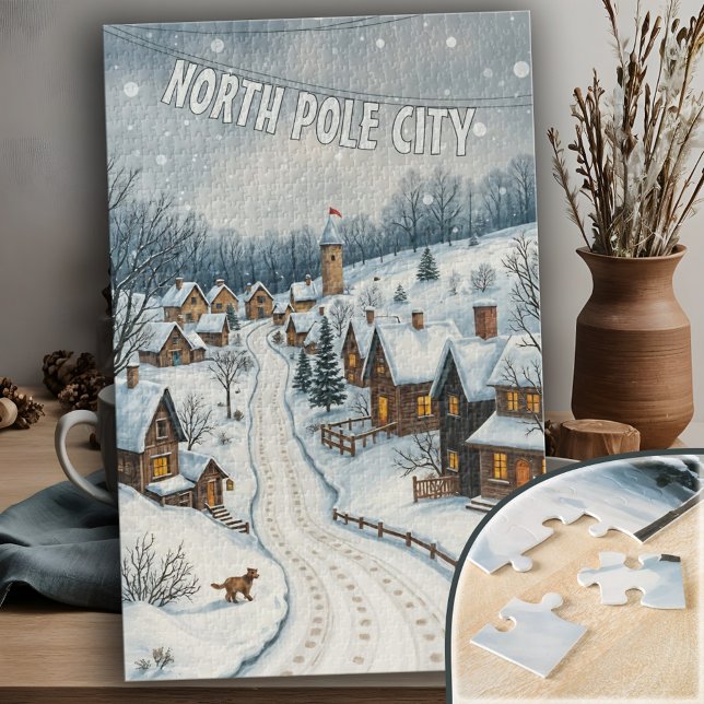 Customisable Winter Village Snowy Holiday Scene Jigsaw Puzzle (Customizable Winter Village Charming Snowy Holiday North Pole Scene Jigsaw Puzzle)