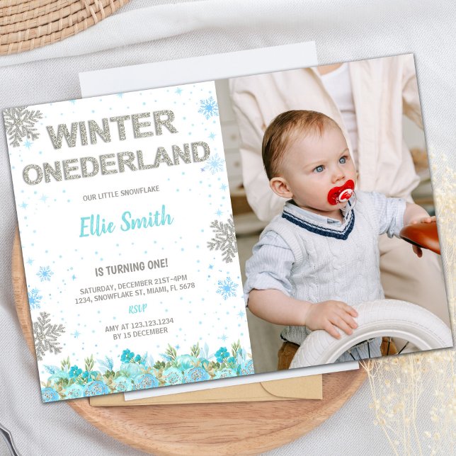 Customisable Winter Wonderland Party Invitations (Green Floral Winter ONEderland Invitations photo)