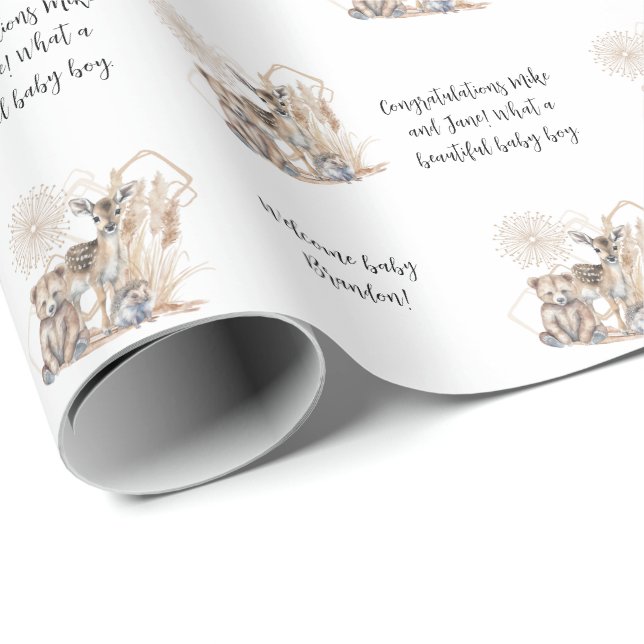 Customisable Woodland Forest Animal Baby Shower Wrapping Paper (Roll Corner)