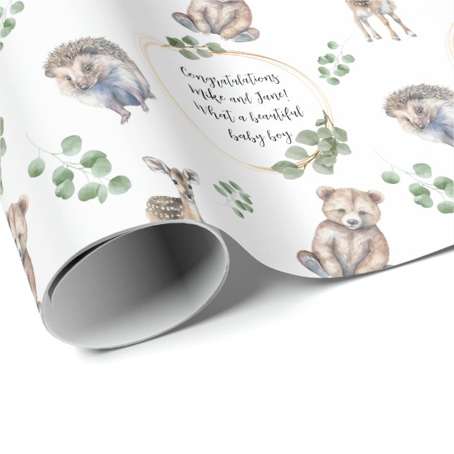 Customisable Woodland Forest Animal Baby Shower Wrapping Paper (Roll Corner)