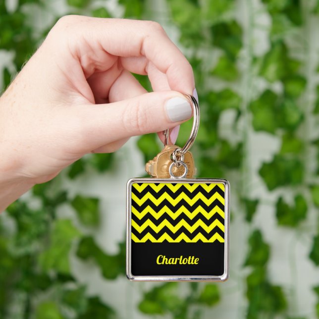Customisable yellow and black chevron pattern key ring (Hand)