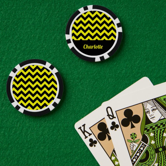 Customisable yellow and black chevron pattern poker chips (Poker Table (Double))