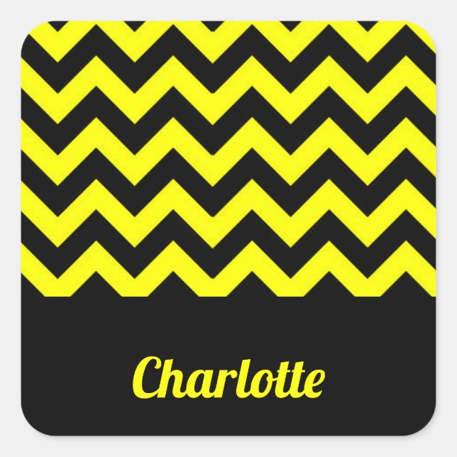 Customisable yellow and black chevron pattern square sticker (Front)