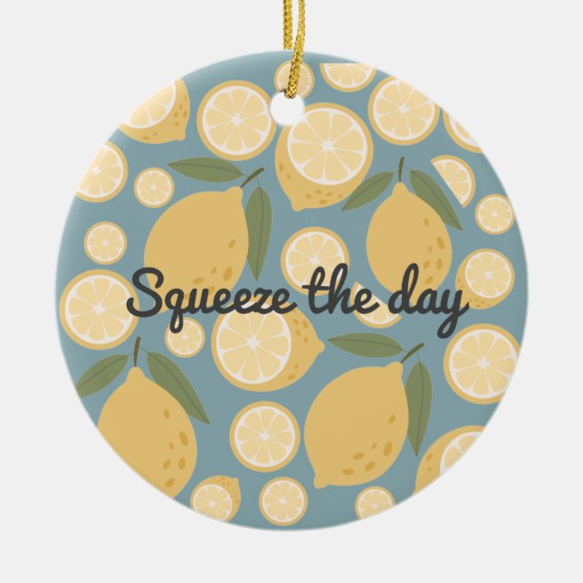 Customisable Yellow Lemon Seamless Pattern Ceramic Ornament (Front)