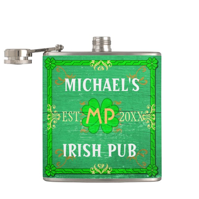 Customisable Your Name Irish Pub Green Hip Flask (Opened)