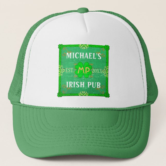 Customisable Your Name Irish Pub Green Trucker Hat (Front)
