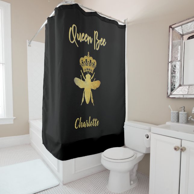 Customise Aesthetic QUEEN BEE Gold & Black Modern  Shower Curtain (In Situ)