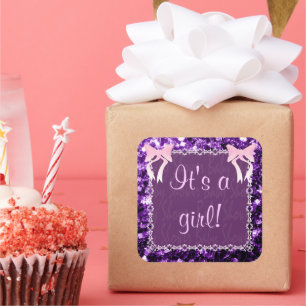 Customise Baby girl shower Purple Sparkles Square Sticker