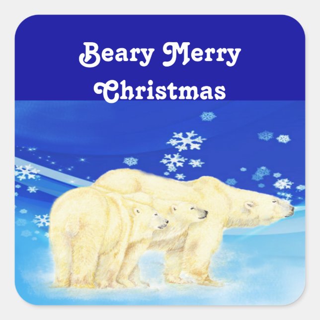 Customise Beary Merry Christmas Polar Bears Square Sticker (Front)