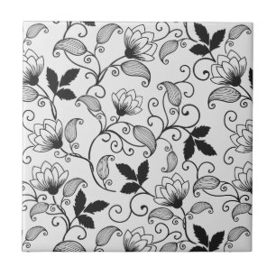 Customise Black Floral Pattern Ceramic Tile