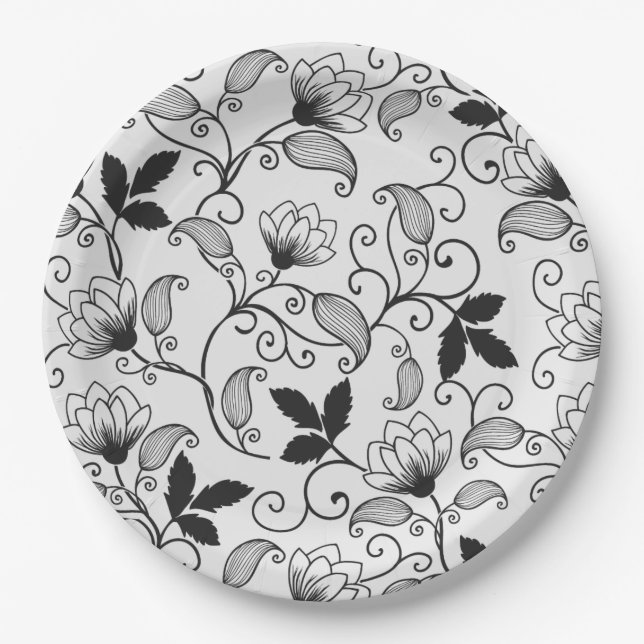 Customise Black Floral Pattern Paper Plate (Front)