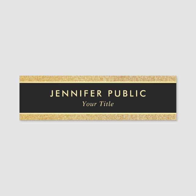Customise Black Gold Glitter Look Modern Template Name Tag (Front)