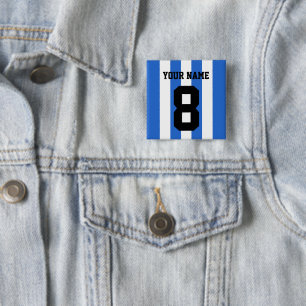 Customise, blue & white football / soccer stripes: 15 cm square badge