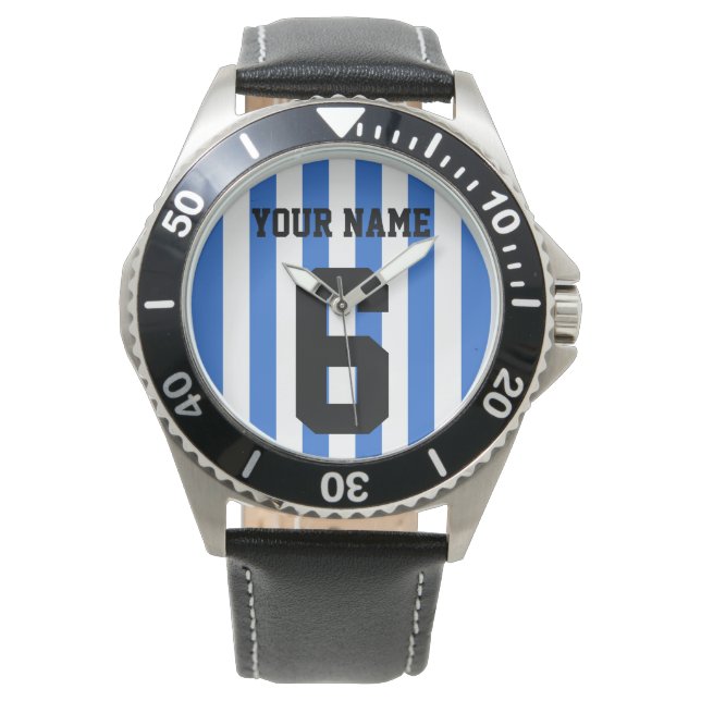 Customise, blue & white football / soccer stripes: watch (Front)