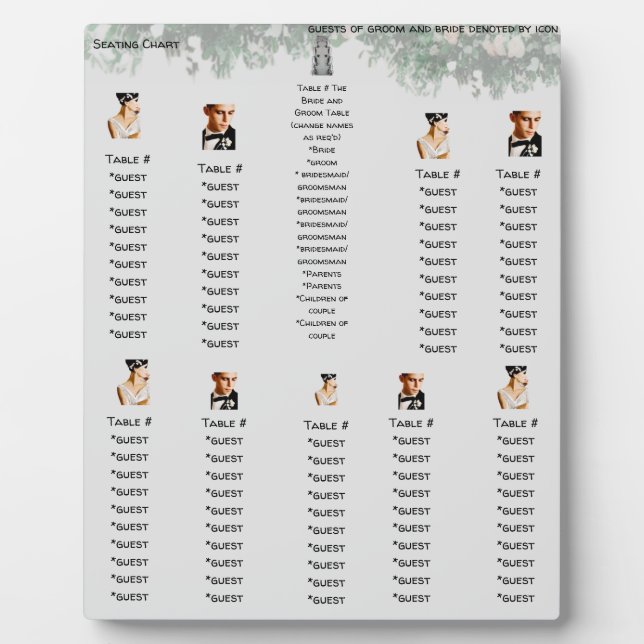 Customise Bride/Groom Icon Enabled  Seating Plan  Plaque (Front)