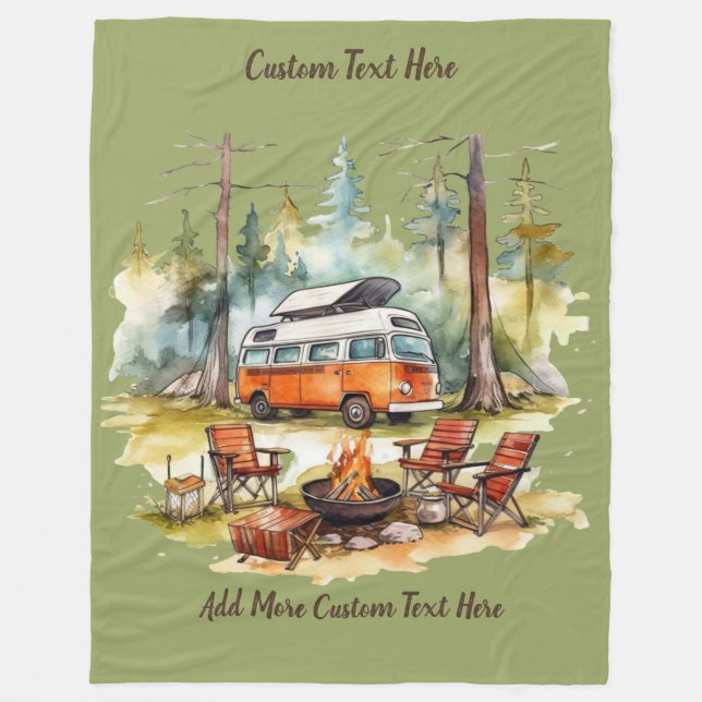 Customise Camper Van Parked In The Woods Camping Fleece Blanket (Front)