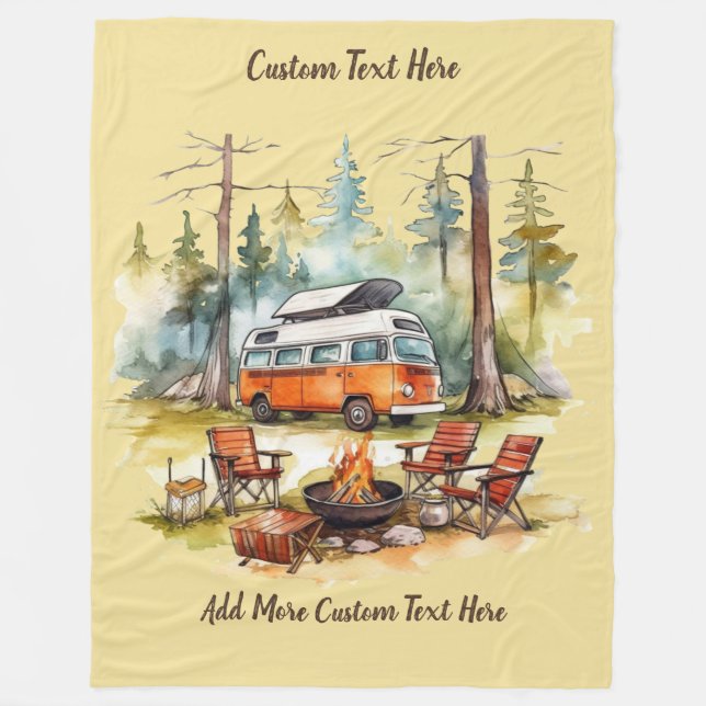 Customise Camper Van Parked In The Woods Camping Fleece Blanket (Front)