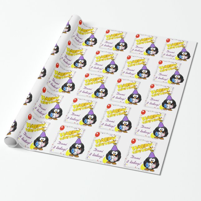 Customise cartoon penguin birthday gift wrap child (Unrolled)