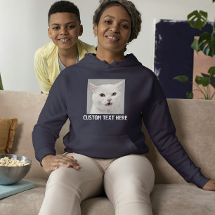 Customise Cat Lover Navy Blue White Text Pet Photo Hoodie