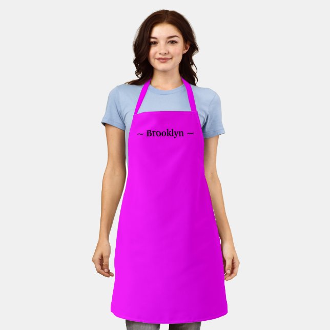 customise change name text black magenta pink apron (Worn)