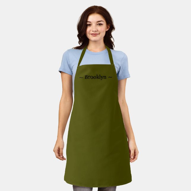 customise change name text white olive moss green apron (Worn)