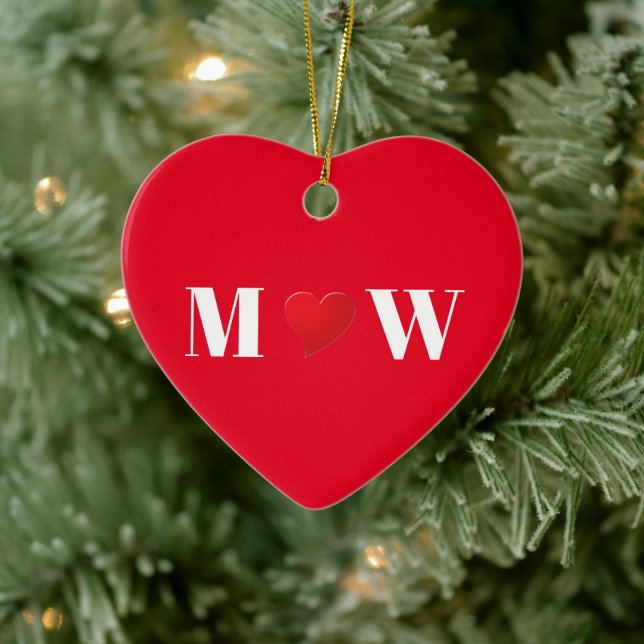 Customise Couple initials A Loves B red heart Ceramic Ornament (Tree)
