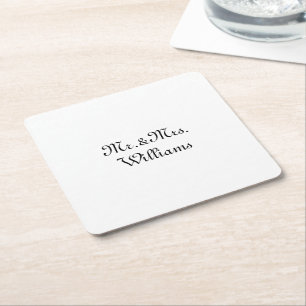 Customise Couple's last name Mr. & Mrs. black whit Square Paper Coaster