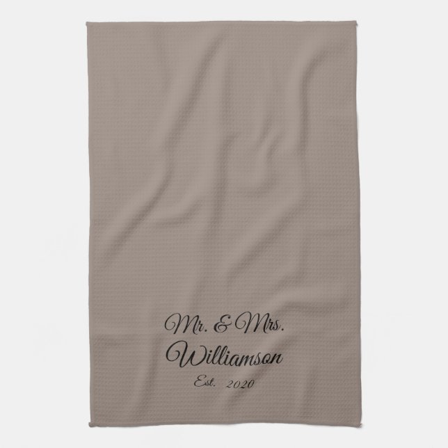 Customise Couple's last name, year, number greige Tea Towel (Vertical)