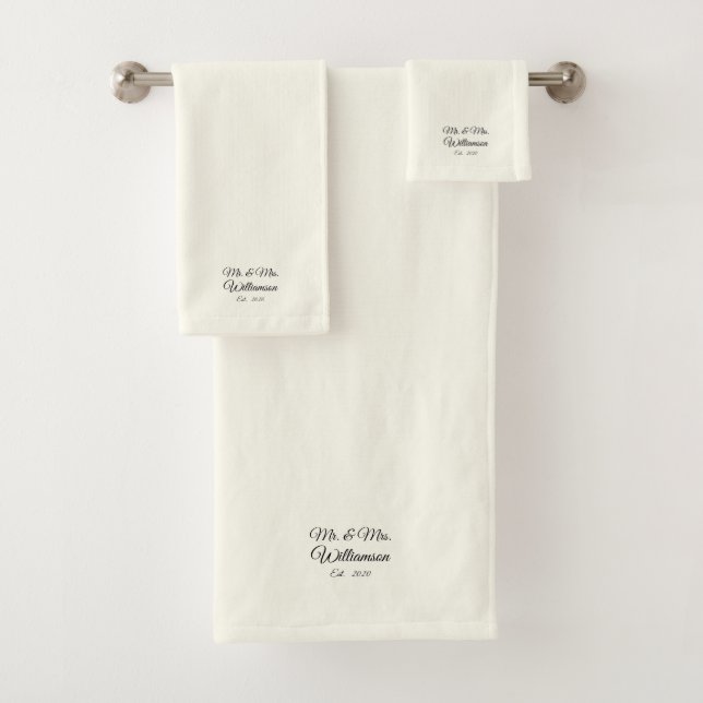 Customise Couple's last name, year, number ivory Bath Towel Set (Insitu)