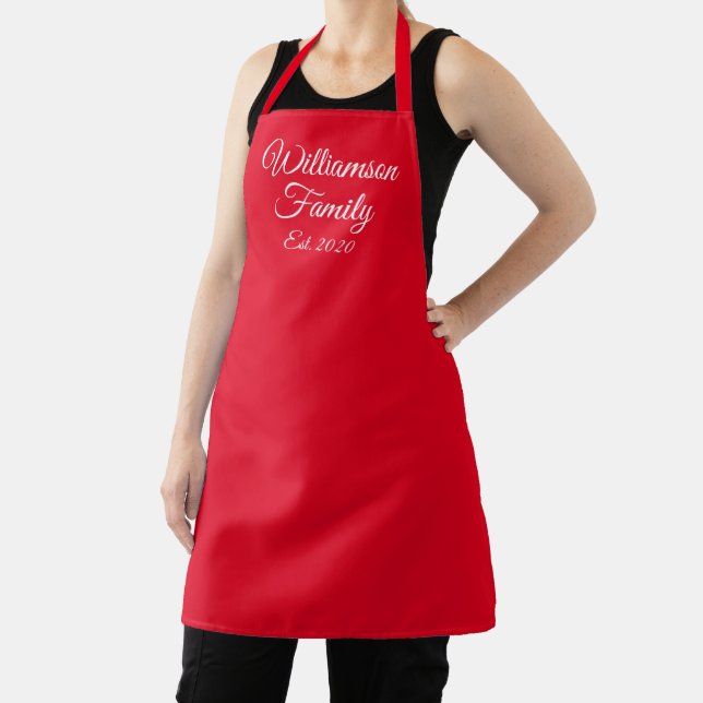 Customise Couple's last name, year number red Apron (Insitu)
