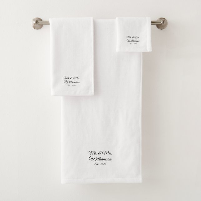 Customise Couple's last name, year, number white Bath Towel Set (Insitu)