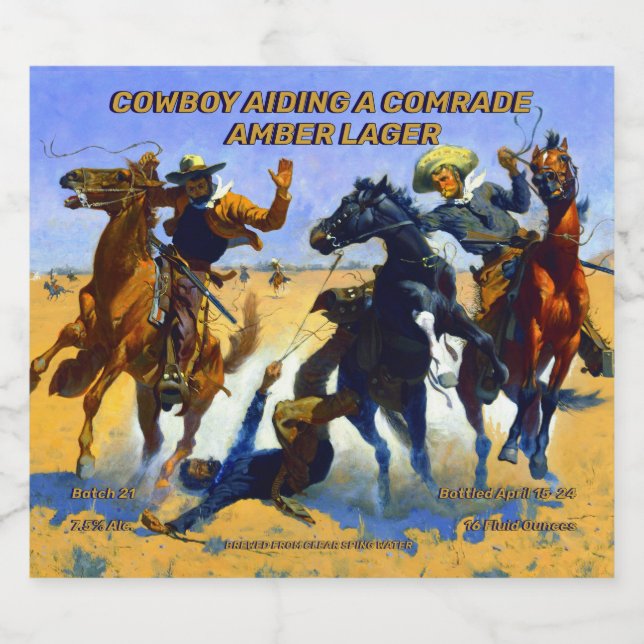 Customise Cowboy Aiding A Friend Detailed Home  Beer Bottle Label (Single Label)