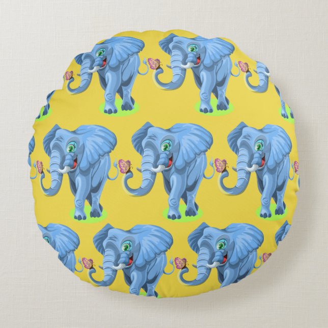 Customise Cute Blue Elephant Round Cushion (Front)