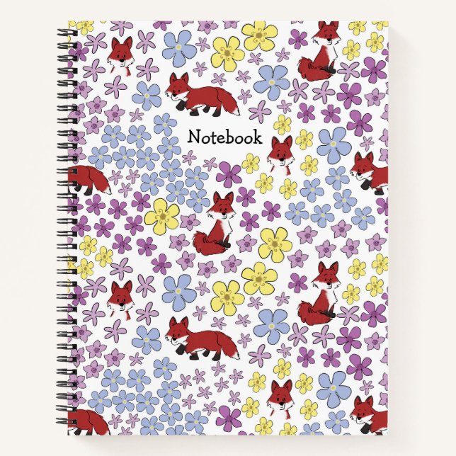 Customise Cute Red Fox Colourful Flowers Notebook (Front)