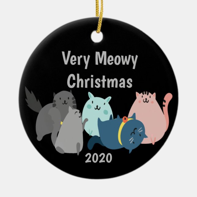 Customise Dated Meowy Christmas Fun Cats Kittens Ceramic Ornament (Front)