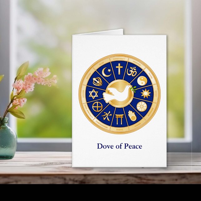 Customise Dove of Peace 4"x5.6" Greeting Card  ( Gold icons of world faiths surround the Dove of Peace, an international symbol of harmony. )