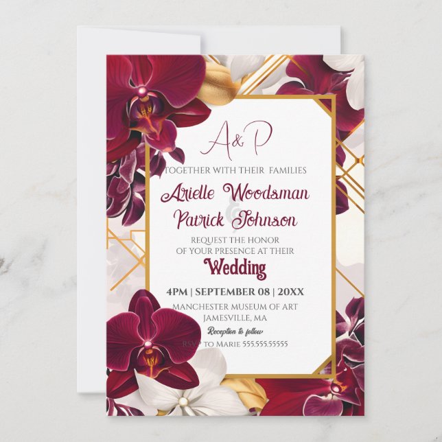 Customise Elegant Burgundy Wedding Orchid Frame Invitation (Front)