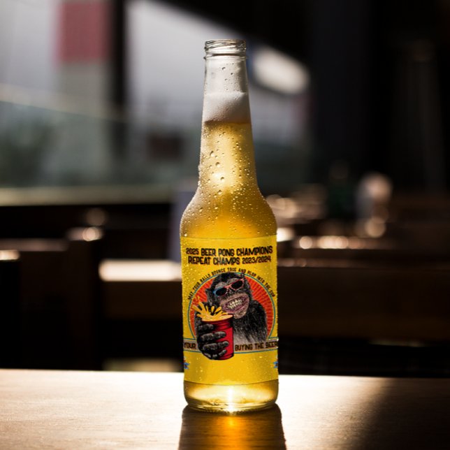 Customise Funny Beer Pong Champs Chimpanzee Bottle Label (Creator Uploaded)