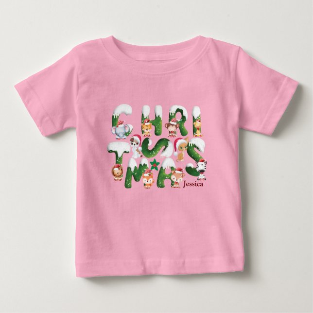 Customise Funny Christmas Alphabet  wild Animal  Baby T-Shirt (Front)