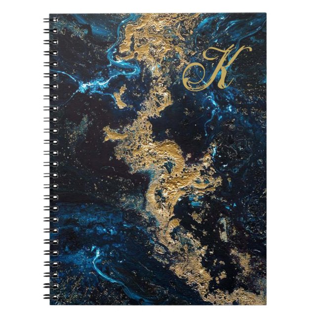 Customise Gold Blue MARBLE Spiral Notebook Initial (Front)