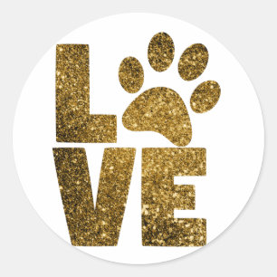 Customise Golden Glitter Love Text with Animal Paw Classic Round Sticker