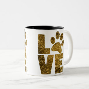 Customise Golden Glitter Love Text with Animal Paw Two-Tone Coffee Mug