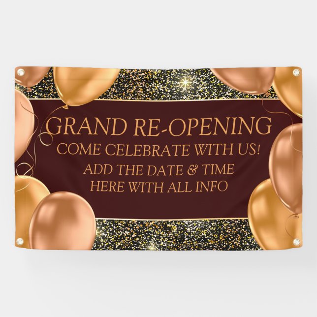Customise Grand Re-Opening Gold Balloon Shop Banner (Horizontal)
