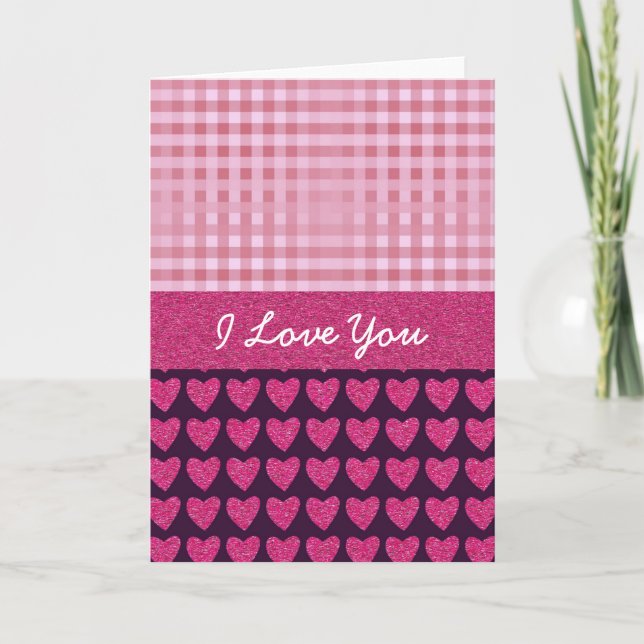 Customise I Love You pink hearts and gingham Holiday Card (Front)