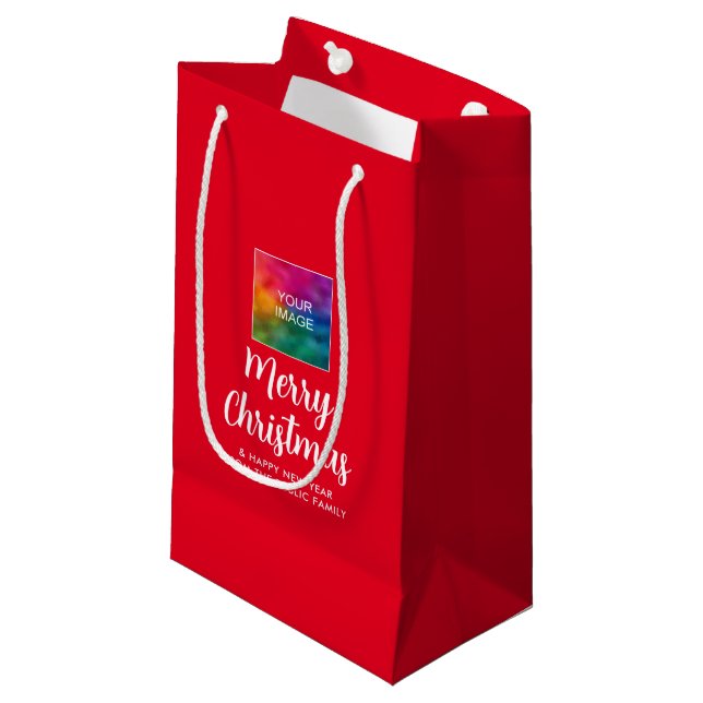 Customise Image Company Logo Text Merry Christmas Small Gift Bag (Front Angled)