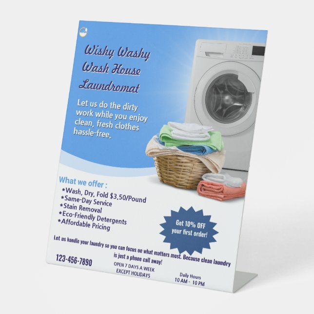 Customise Laundromat Laundry Service Wash and Fold Pedestal Sign (Front)