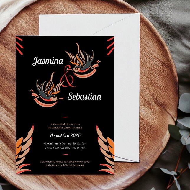 Customise Love Swallows Tattoo Rockabilly Wedding Invitation (Retro rockabilly Wedding Invitation with card, with tattoo style love swallows on black background.)