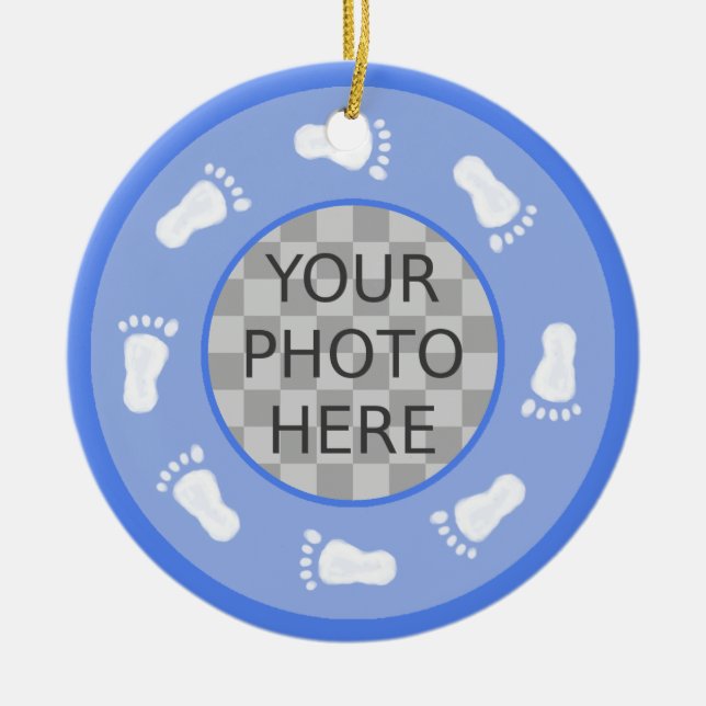 Customise Me! Blue Baby Footprints Photo Ornament (Front)
