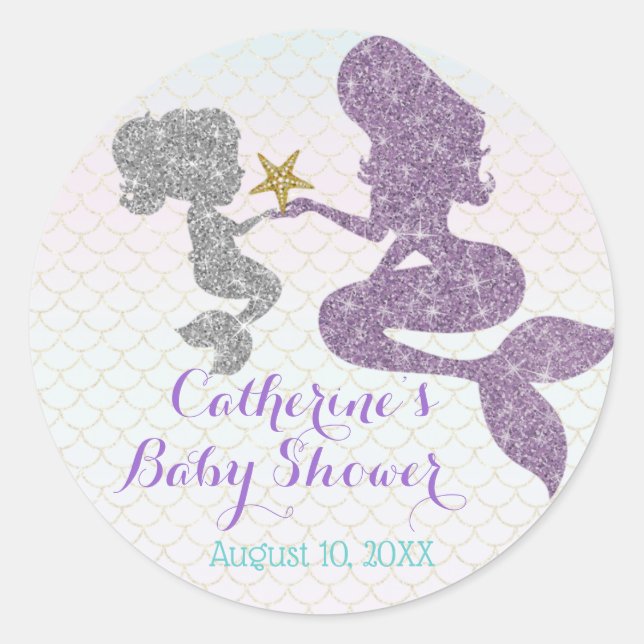 Customise Mermaid Baby Shower Sparkle Purple Teal Classic Round Sticker (Front)