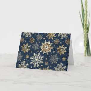 Customise Modern Navy & Gold Snowflakes Holiday Card